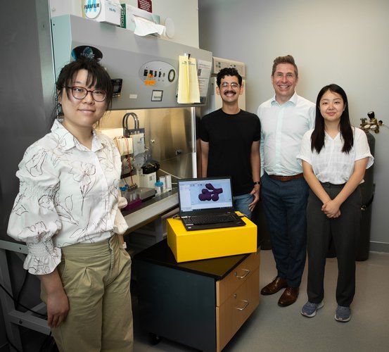 Harrington Laboratory (from left): Yu Yin, MS, Rice University PhD candidate; Ephraim Vázquez-Rosado, UTHealth Houston MD-PhD candidate; Daniel Harrington, PhD; Kuelye Lee, Summer Research Program participant and incoming first-year dental student.