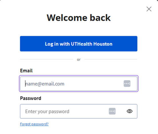 Coursera login screen titled Welcome Back, with a login button for UTHealth Houston students