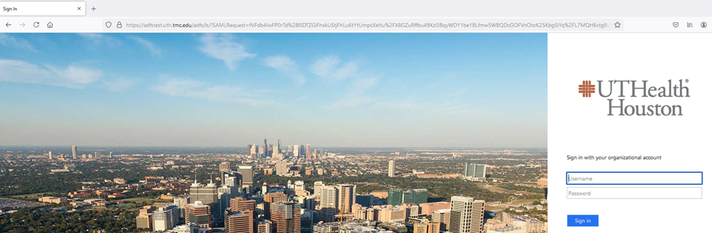 UTHealth Houston Duo login screen with a panoramic shot of the TMC